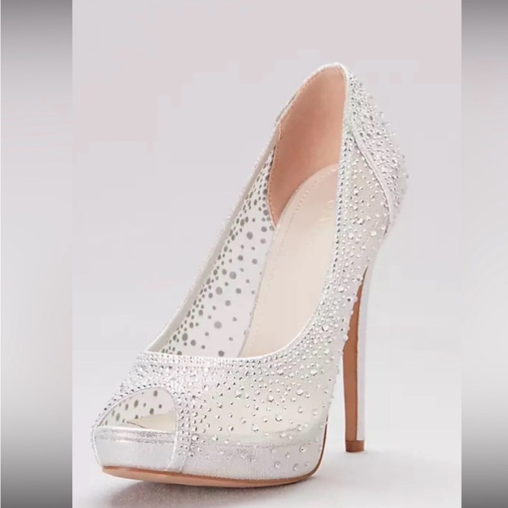 David’s Bridal Sheer Mesh Peep-Toe Platform Heels with Crystals-